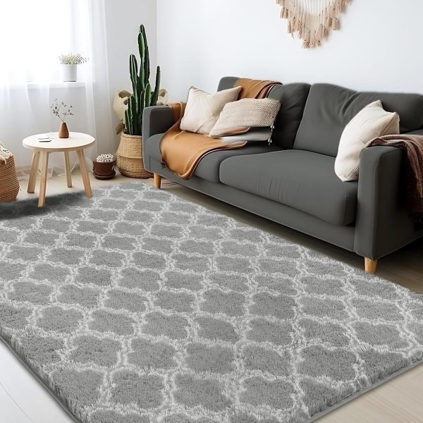 Plush Area Rug 4x6 Feet High Pile Rugs for Living Room, Ultra Soft Indoor Carpet for Bedroom, Kids Room, Playroom, Home Decor, Geometric, Light Grey/White - Image 2