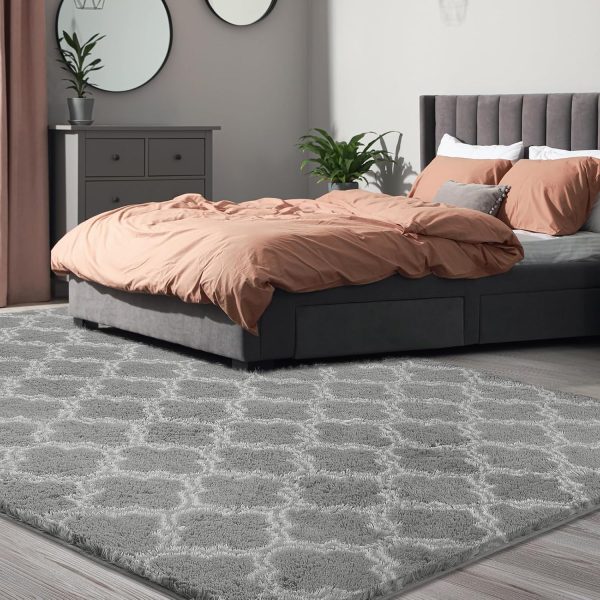 Plush Area Rug 4x6 Feet High Pile Rugs for Living Room, Ultra Soft Indoor Carpet for Bedroom, Kids Room, Playroom, Home Decor, Geometric, Light Grey/White - Image 3