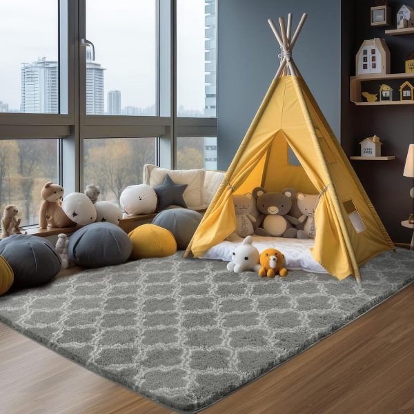 Plush Area Rug 4x6 Feet High Pile Rugs for Living Room, Ultra Soft Indoor Carpet for Bedroom, Kids Room, Playroom, Home Decor, Geometric, Light Grey/White - Image 6