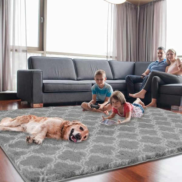 Plush Area Rug 4x6 Feet High Pile Rugs for Living Room, Ultra Soft Indoor Carpet for Bedroom, Kids Room, Playroom, Home Decor, Geometric, Light Grey/White - Image 8
