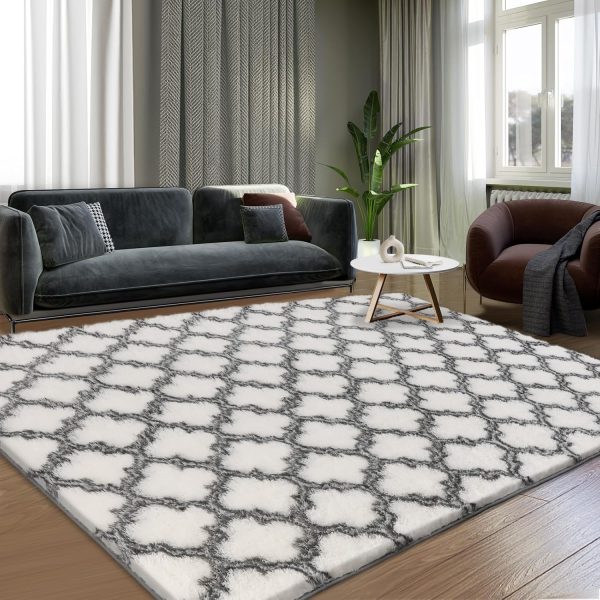 Plush Area Rug 4x6 Feet High Pile Rugs for Living Room, Ultra Soft Indoor Carpet for Bedroom, Kids Room, Playroom, Home Decor, Geometric, Light Grey/White - Image 10