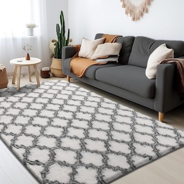 Plush Area Rug 4x6 Feet High Pile Rugs for Living Room, Ultra Soft Indoor Carpet for Bedroom, Kids Room, Playroom, Home Decor, Geometric, Light Grey/White - Image 15