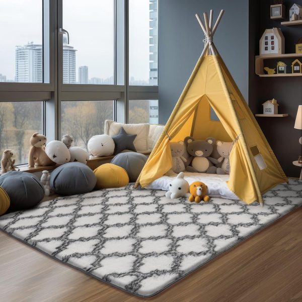 Plush Area Rug 4x6 Feet High Pile Rugs for Living Room, Ultra Soft Indoor Carpet for Bedroom, Kids Room, Playroom, Home Decor, Geometric, Light Grey/White - Image 16