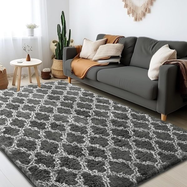 Plush Area Rug 4x6 Feet High Pile Rugs for Living Room, Ultra Soft Indoor Carpet for Bedroom, Kids Room, Playroom, Home Decor, Geometric, Light Grey/White - Image 32