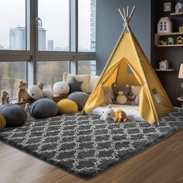 Plush Area Rug 4x6 Feet High Pile Rugs for Living Room, Ultra Soft Indoor Carpet for Bedroom, Kids Room, Playroom, Home Decor, Geometric, Light Grey/White - Image 33