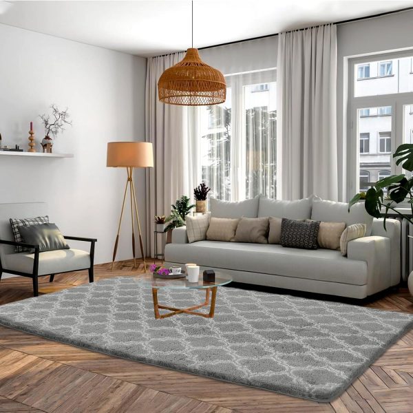 Plush Area Rug 4x6 Feet High Pile Rugs for Living Room, Ultra Soft Indoor Carpet for Bedroom, Kids Room, Playroom, Home Decor, Geometric, Light Grey/White - Image 46