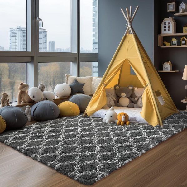 Plush Area Rug 4x6 Feet High Pile Rugs for Living Room, Ultra Soft Indoor Carpet for Bedroom, Kids Room, Playroom, Home Decor, Geometric, Light Grey/White - Image 62