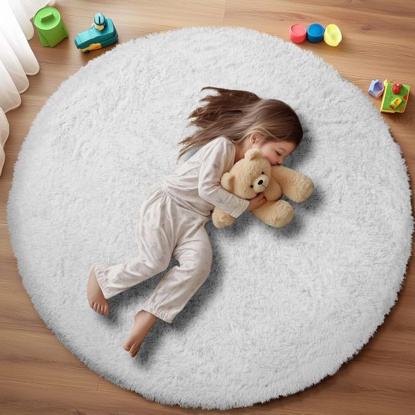 White Round Rug for Bedroom, 4x4 Fluffy Circle Area Rugs for Kids Room, Soft Shaggy Circular Carpet for Nursery Living Room, Non-Slip Home Decor Rug for Teen's Room - Image 2
