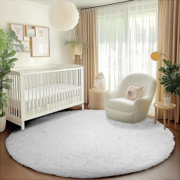 White Round Rug for Bedroom, 4x4 Fluffy Circle Area Rugs for Kids Room, Soft Shaggy Circular Carpet for Nursery Living Room, Non-Slip Home Decor Rug for Teen's Room - Image 3