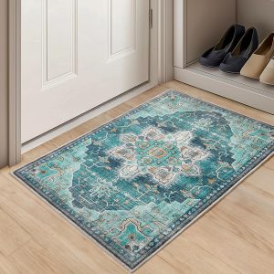 2x3 Entryway Rug Washable Door Mat Vintage Boho Entrance Area Rug, Non Slip Low Pile Floral Print Carpet for Kitchen Bedroom Living Room Home Decor, Teal