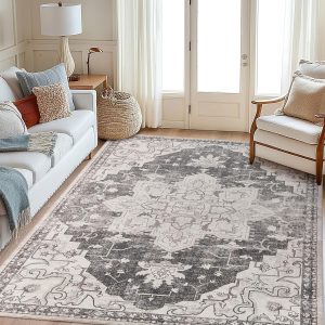 5x7 Area Rug, Boho Vintage Rugs for Living Room, Non Slip Low Pile Bedroom Rug Machine Washable Floral Print Carpet for Kitchen Dining Room Home Decor, Grey