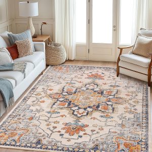 Area Rugs 8x10, Soft Boho Vintage Rugs for Living Room, Non Slip Low Pile Machine Washable Carpet for Bedroom Kitchen Dining Room Home Decor, Beige